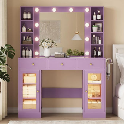 Makeup Vanity Desk with Mirror and Lights, Glass Top Vanity Table Set with Drawers & Power Outlet, Large Dressing Table with 3 Color Lighting Modes & RGB Cabinets for Women Girls Kids Bedroom, Purple