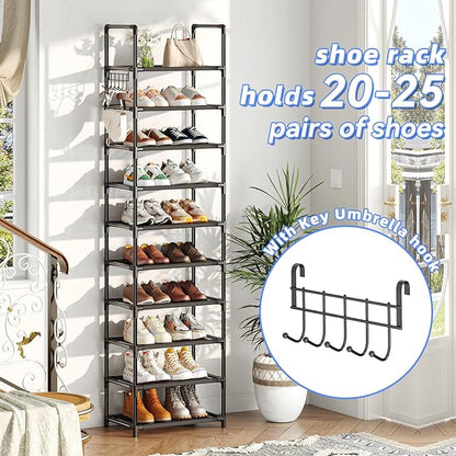 Simple Trending Tall Shoe Rack for Closet, 10 Tiers Narrow Shoe Shelf Holds 20 Pairs, Shoe Organizer Storage with Hooks, Black