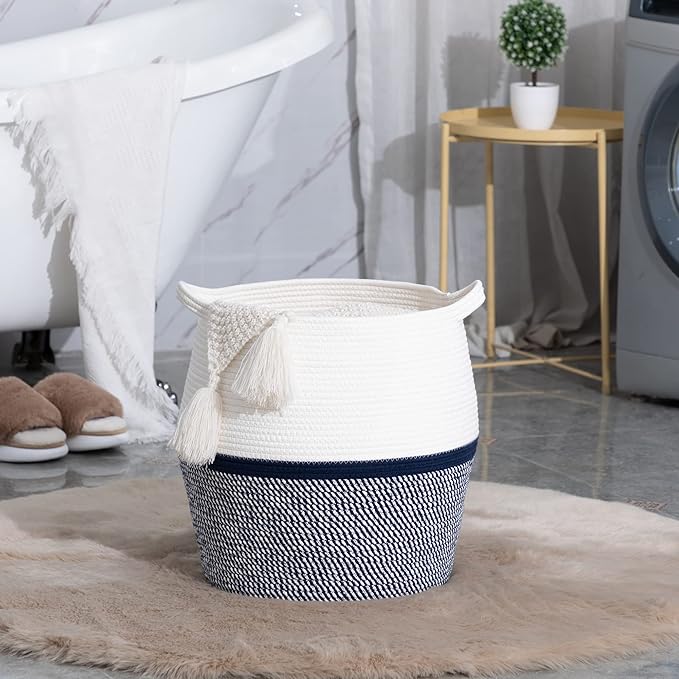 KAKAMAY Woven Baskets for Storage(17"x17"),Large Cotton Rope Basket Woven Baby Laundry Hamper,Collapsible Laundry Basket, Blanket Basket for Living Room,Nursery,Clothes, Toy chest(Navy Blue)