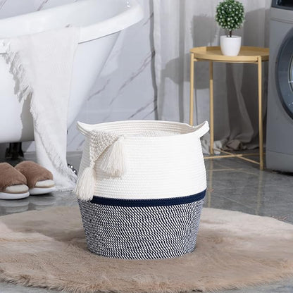 KAKAMAY Woven Baskets for Storage(17"x17"),Large Cotton Rope Basket Woven Baby Laundry Hamper,Collapsible Laundry Basket, Blanket Basket for Living Room,Nursery,Clothes, Toy chest(Navy Blue)