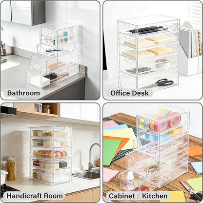 Prsildan Acrylic Drawer Makeup Organizer with 5 Drawers, Hair Accessories Organizer, Office Desk Organization, Clear Stackable Storage Drawers for Vanity, Countertop, Craft, Jewelry