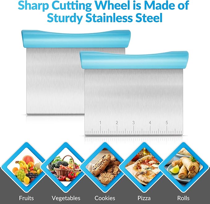 Upgraded 304 Stainless Steel Multi-Purpose Bench Scraper with Measurement Marks, Dishwasher Safe, Dough Cutter for Pizza, Bread and Cookie Dough Vegetable Chopper, Baking Supplies, Blue