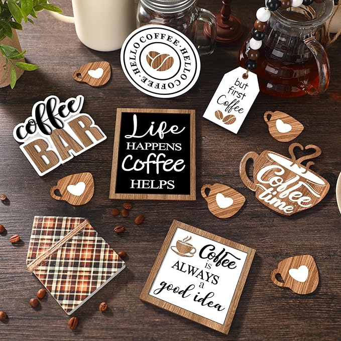 11 Pcs Coffee Tiered Tray Decor Coffee Time Rustic Farmhouse Tiered Tray Decorations Set Home Wooden Signs Vintage Farm Animal Farmhouse Tabletop Wood Signs for Kitchen Table Shelf Decor