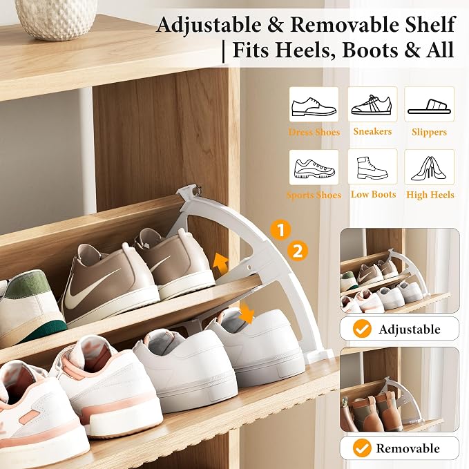 Nicetree Shoe Storage Cabinet for Entryway, Modern Natural Shoe Cabinet with Tiered Fluted Design, 9.5" Slim Shoe Rack for Small Spaces, 4 Flip Drawers Narrow Shoe Cabinet for Small Space