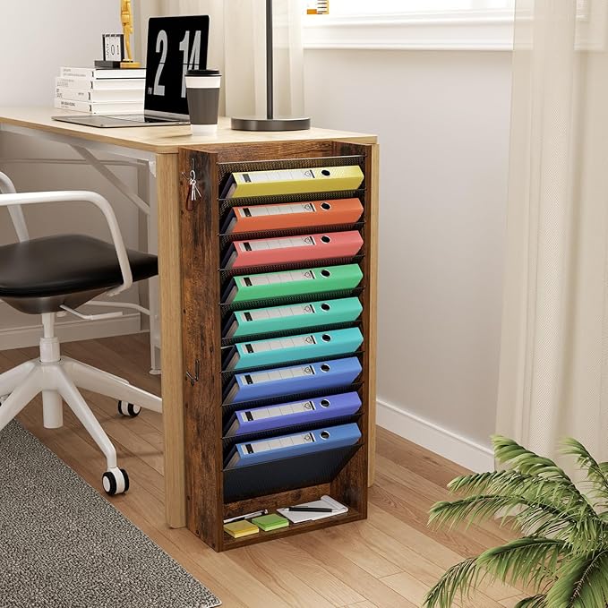 Hanging Wall File Organizer, 11 Tier Wood Wall File Holder with 4 Hooks, Mail Organizer Wall Mounted with Bottom Flat Tray, Vertical Paper Desk Storage for Office, Home, Rustic Brown