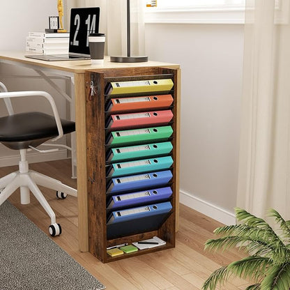 Hanging Wall File Organizer, 11 Tier Wood Wall File Holder with 4 Hooks, Mail Organizer Wall Mounted with Bottom Flat Tray, Vertical Paper Desk Storage for Office, Home, Rustic Brown