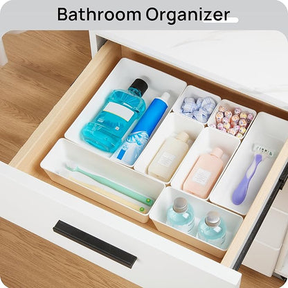 Vtopmart 44 PCS Plastic Drawer Organizers Set, 4-Size Versatile Bathroom and Vanity Organizer Trays, Non-Slip Storage Containers for Makeup, Jewelries, Bedroom，Kitchen Utensils and Office, White