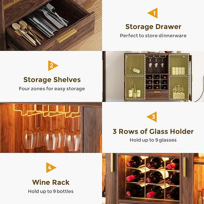 Bar Cabinet with Power Outlets, Modern Coffee Bar Sideboard with LED Light, Farmhouse Liquor Cabinet with Wine Rack, Glass Holder & Wine Storage, Walnut