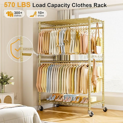 P4 Plus Rolling Clothes Rack Heavy Duty, Clothing Racks for Hanging Clothes, Free Standing Garment Racks with Wheels, Portable Closet Rack 45'' W × 20.5'' D × 80.5'' H, Max Load 570 Lbs, Gold