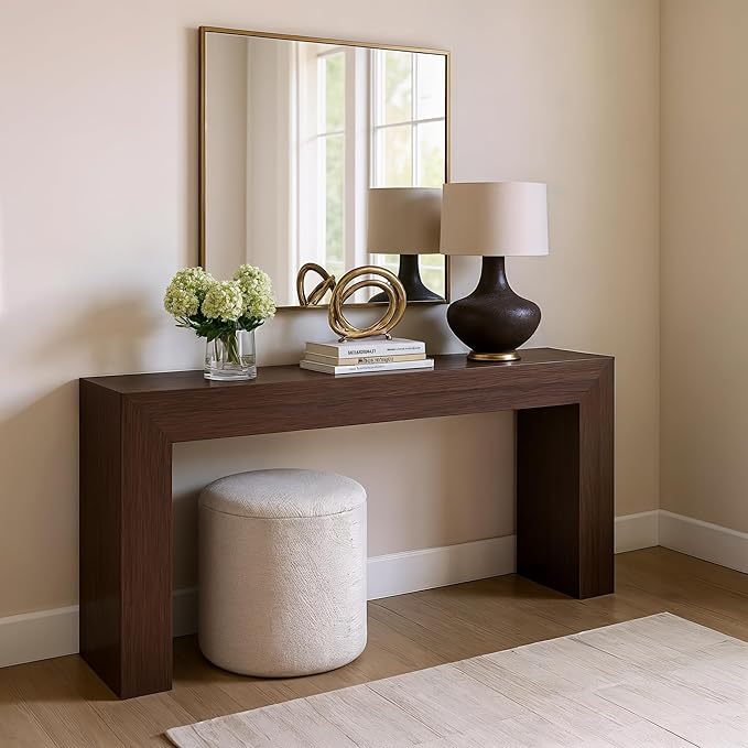 Plank+Beam Grand Console Table, 66 Inch Modern Solid Wood Sofa Table, Narrow Entryway Table for Hallway, Behind The Couch, Living Room, Foyer, Walnut Wirebrush