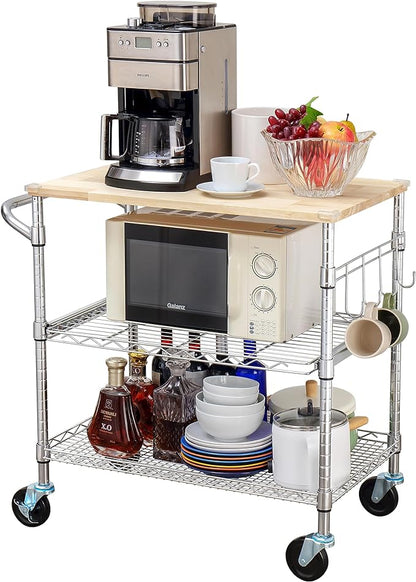 Finnhomy 3-Tier Rolling Kitchen Cart With 18" D x 30" W Oak Wood Tabletop, Kitchen Island With 4" Wheels and Slider Shelf, Microwave & Coffee Cart With Hooks for Dining Room, Chrome