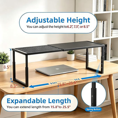 Shelf Organizer Stackable 2 Pack: Expandable (15.8"-25.5") Spice Rack Height Adjustable(6.2"/7.3"/8.5") Kitchen Organizer Countertop Metal Shelves for Pantry Storage Black