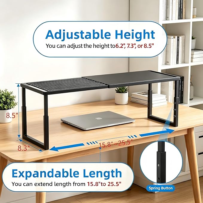 Shelf Organizer Stackable 1 Pack: Expandable (15.8"-25.5") Spice Rack Height Adjustable(6.2"/7.3"/8.5") Kitchen Organizer Countertop Metal Shelves for Pantry Storage Black