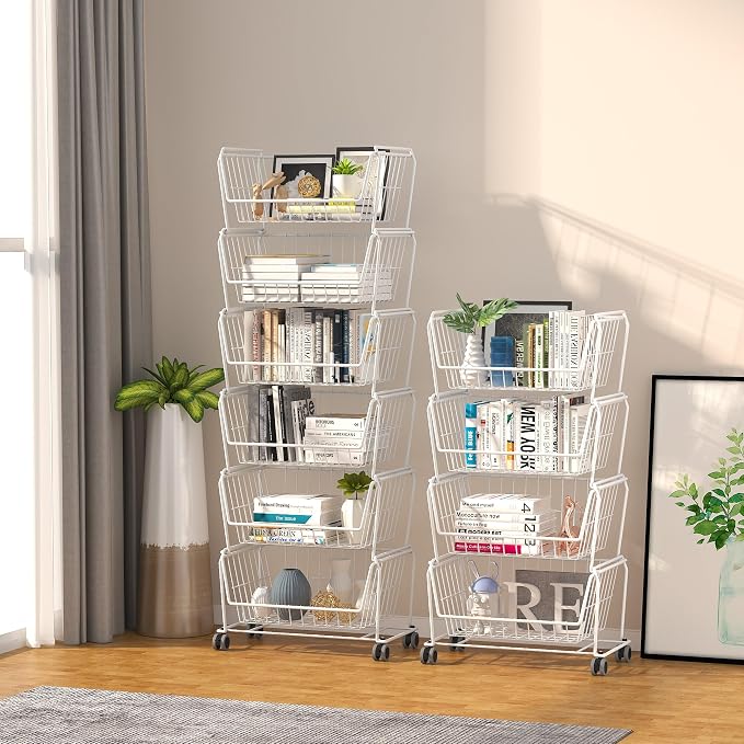 PUSDON 4-Tier Spacious Stackable Wire Storage Baskets with Wheels, Metal Rolling Utility Cart, Produce Basket for Pantry, Bathroom Organizer Shelf, Classic White