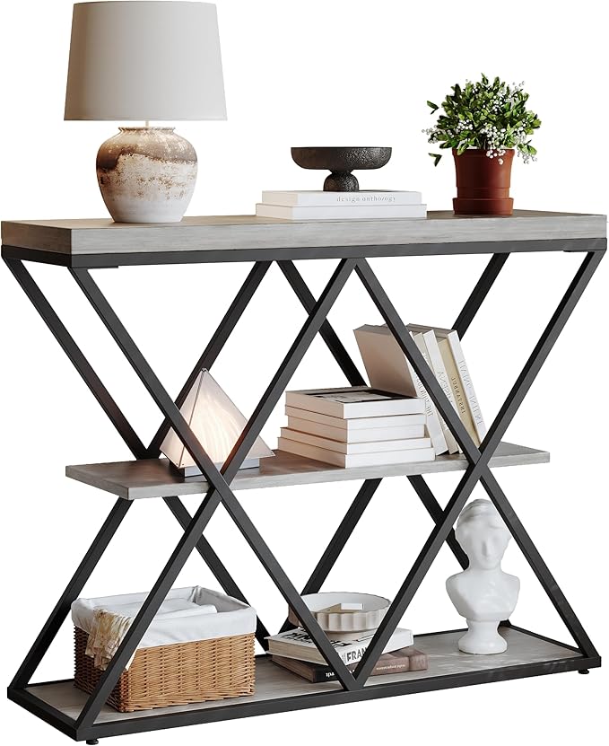 Garvee 3-Tier Entryway Table, Industrial Console Sofa Table with Storage, Accent Table with Open Shelves, X-Shaped Metal Frame, Foyer Table for Entryway, Hallway, Gray