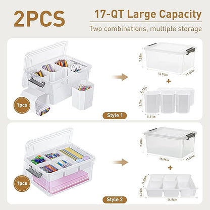 Citylife 17 QT Plastic Storage Box with Removable Tray and 6 Detachable Tall Inserts Craft Organizers and Storage Clear Storage Container for Organizing Crayon, Craft, Sewing, Playdoh, 2 Packs