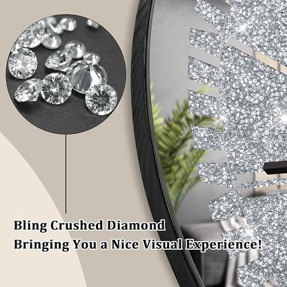 Crystal Crushed Diamond Wall Clock Round Mirrored Clocks Modern Silver Glass Clock for Wall Sparkle Twinkle Hanging Clocks for Living Room Bedroom Dining Room Decorative, AA Battery not Included