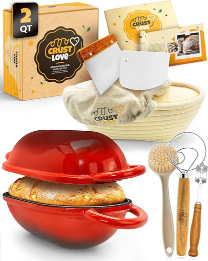 Loaf Pan for Bread Baking - incl. Sourdough Bread-Baking Supplies like Banneton Bread-Proofing Basket - 2QT Enameled Oval Cast Iron Dutch Oven, Bread-Oven, Sour Dough Bread-Banking-Pan Tools