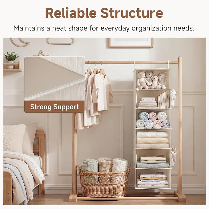 StorageWorks 6-Shelf Hanging Closet Organizer, Hanging Shelves for Closet, Fabric, Mixing of Beige, White & Ivory, 12" D x 12" W x 47 1⁄2" H