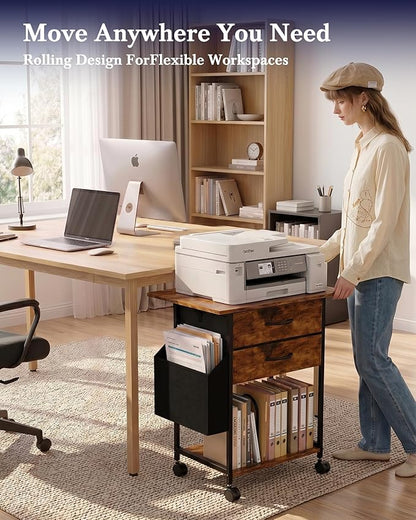 Faesun Printer Stand with Storage, 22'' Printer Cabinet with 2 Fabric Drawers, Rolling File Cabinet for Home Office, Printer Table with File Storage, Side Pocket & Dividers, Rustic Brown