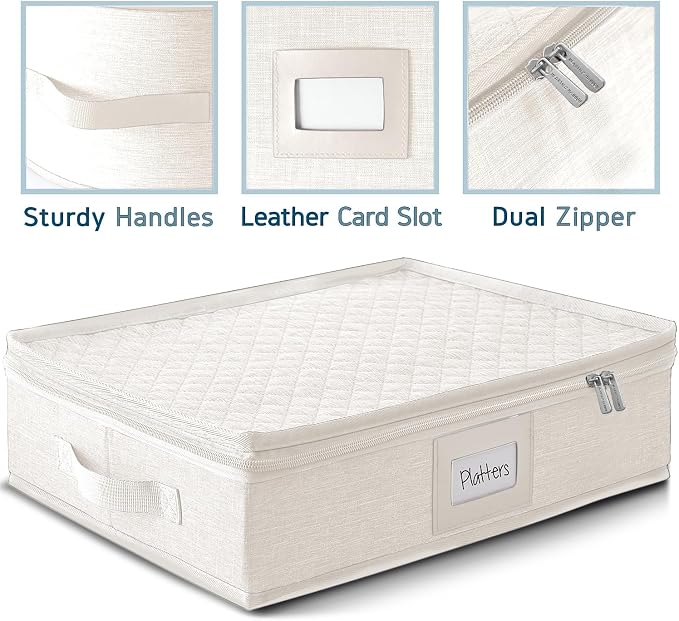 Platter Storage Case – Fine China Storage Containers Hard Shell, Quilted and Stackable 16”x 12.5”x 3.5” Platter Storage Container with Handles and Felt Dividers for Moving and Seasonal Storage, Cream