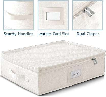 Platter Storage Case – Fine China Storage Containers Hard Shell, Quilted and Stackable 16”x 12.5”x 3.5” Platter Storage Container with Handles and Felt Dividers for Moving and Seasonal Storage, Cream