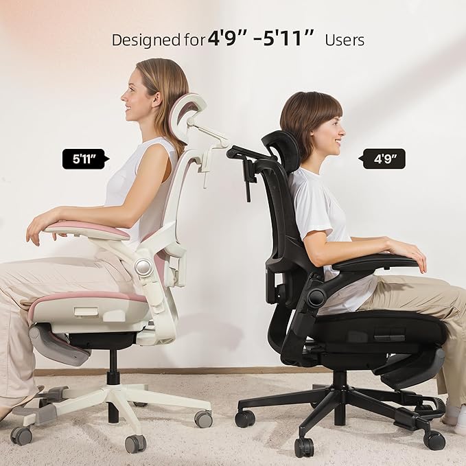 CabLady S2 Petite Ergonomic Office Chair for Women, Small Frame Desk Chair with Adjustable Lumbar, Headrest & Footrest, Space-Saving Flip-Up Armrests