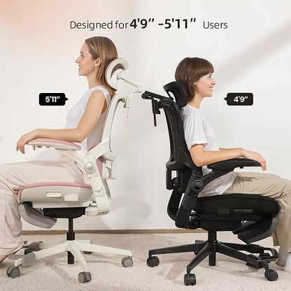 CabLady S2 Petite Ergonomic Office Chair for Women, Small Frame Desk Chair with Adjustable Lumbar, Headrest & Footrest, Space-Saving Flip-Up Armrests