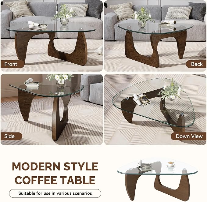 Modern Glass Coffee Table, Triangle Center Table with Tempered Glass Top& Unique Wooden Base, 35.5” Mid Century Tea Tables for Living Room, Apartment, Office,Walnut &Transparent