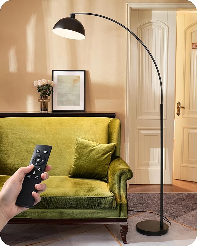 EDISHINE Modern Arc Floor Lamp, 78.3" Mid Century Standing Lamp Over Chair with Remote & Foot Switch, Rotatable Lamp Head, Metal Floor Lamps for Living Room, Bedroom, Office, Dining Room, Black