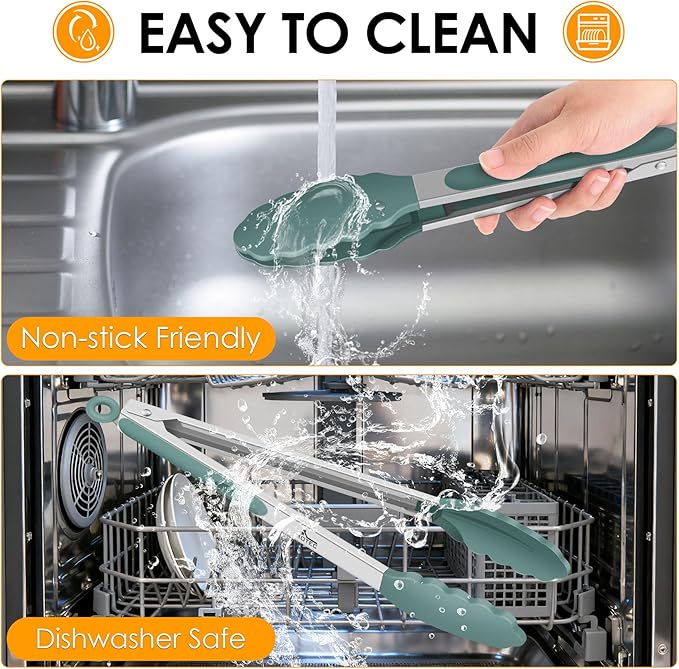 HOTEC Premium Stainless Steel Locking Kitchen Tongs with Silicon Tips, Set of 2-9" and 12", Sage Green