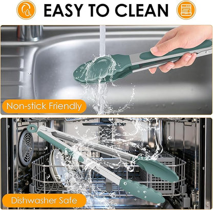 HOTEC Premium Stainless Steel Locking Kitchen Tongs with Silicon Tips, Set of 2-9" and 12", Sage Green