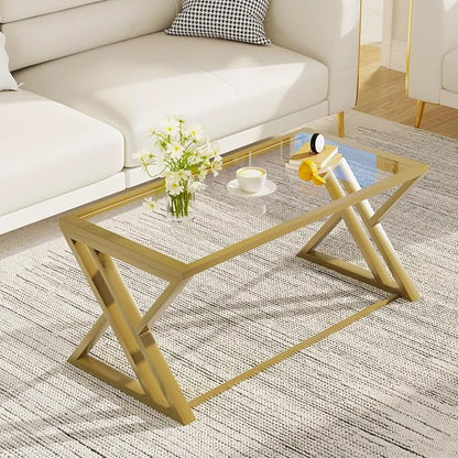 Wolawu Coffee Table Gold Glass Coffee Table for Living Room,Modern Rectangular Center Table with Sturdy Metal Frame,Tempered Glass Table Tea Tables for Bedroom Home Office