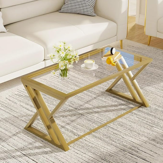 Wolawu Coffee Table Gold Glass Coffee Table for Living Room,Modern Rectangular Center Table with Sturdy Metal Frame,Tempered Glass Table Tea Tables for Bedroom Home Office