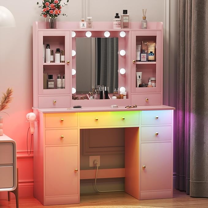 Vanity Desk with Mirror and Lights, Pink Vanity with Lighted Mirror & Power Outlet and 7 Drawers, 3 Color Modes Adjustable, Makeup Dressing Table Set with Lights for Girls Women