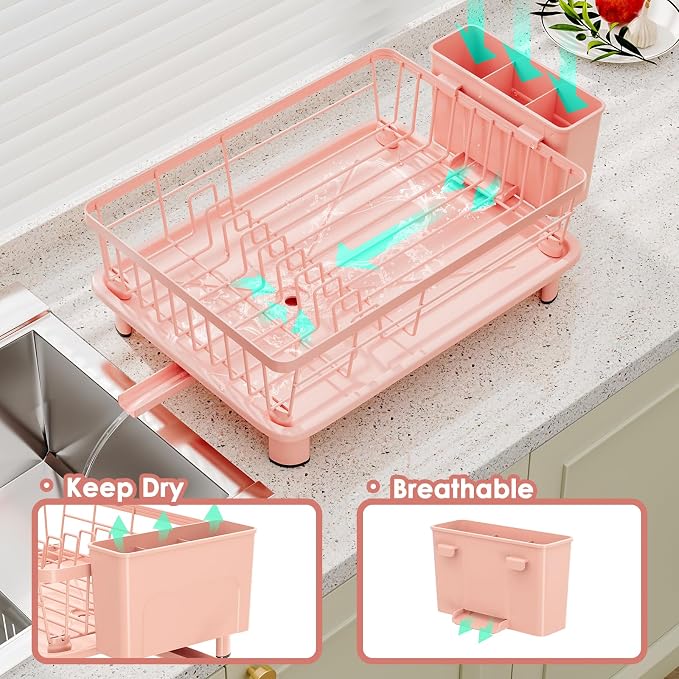 GAOKASE Dish Drying Rack, Stainless Steel-Dish Rack, Dish Racks for Kitchen Counter, Kitchen Dish Drainers with Removable Utensil Holder,New Drain Outlet,Plate Rack and Drainboard,(Pink-11 W x 15" L)