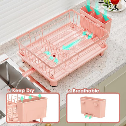 GAOKASE Dish Drying Rack, Stainless Steel-Dish Rack, Dish Racks for Kitchen Counter, Kitchen Dish Drainers with Removable Utensil Holder,New Drain Outlet,Plate Rack and Drainboard,(Pink-11 W x 15" L)