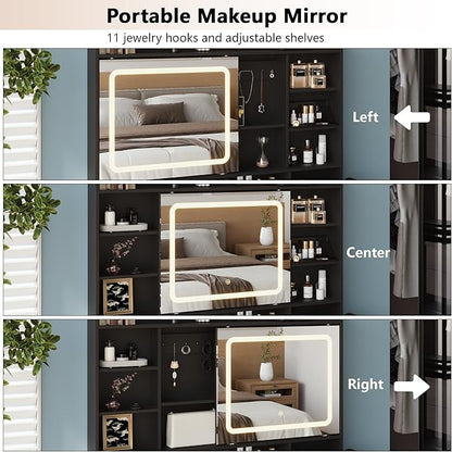 43.3" Fluted Vanity Desk with Mirror and Lights, Wood Makeup Vanity Desk with Charging Station & Mobile Mirror, Modern Dressing Table with Adjustable Shelves & Jewelry Hooks for Girls, Women, Black
