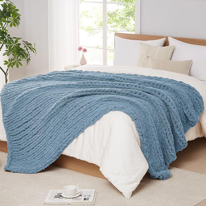 L'AGRATY Chunky Knit Blanket Throw: 60''x80'' Chenille Chunky Knitted Throw Blanket for Bed Couch - Handmade Thick Big Cable Knit Blanket - Large Crochet Rope Blankets for Home Decor(Airy Blue)