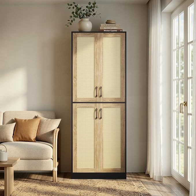 JASIWAY Kitchen Pantry Cabinet, 67" Tall Rattan Storage Cabinet with Doors and Adjustable Shelves, Wooden Linen Pantry Cupboard for Small Spaces Laundry Room Bathroom, Food Snack Towels Storage, Black