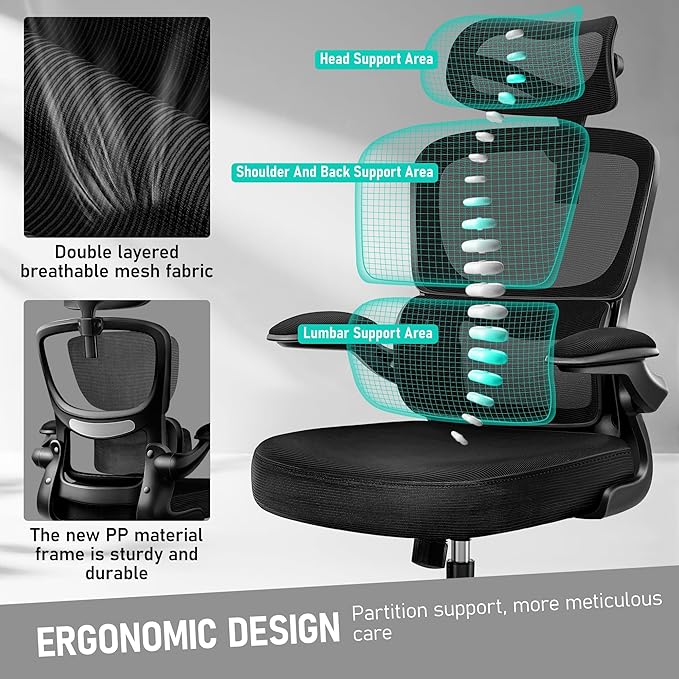 High Back Ergonomic Office Chair, Breathable Mesh Desk Chair with Lumbar Support, Adjustable Headrest, Flip-up Armrests, Computer Gaming Chair, (Black, 10Pack)