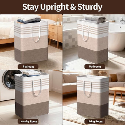 WOWBOX 2 Pack Laundry Baskets, Laundry Hampers, Freestanding Dirty Clothes Hampers with Reinforced Handles & Cross Stitch & Waterproof Coating, for Laundry Bedroom Bathroom Dorm,125L Khaki