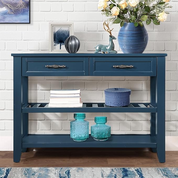 LKTART Solid Wood Console Table Entryway Table with Storage Drawers and Shelves Sofa Table for Entry Hallway Foyer(42" Navy Blue)