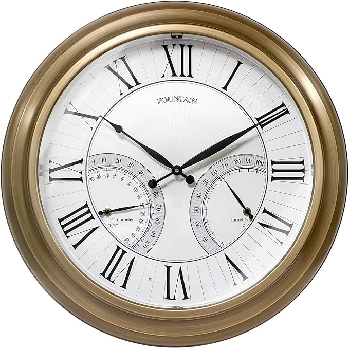 24 Inch in/Outdoor Wall Clock with Temperature and Humidity Combo, Large Outdoor Clock for Patio Large Waterproof with Thermometer,Antique Hamilton Gold Metal