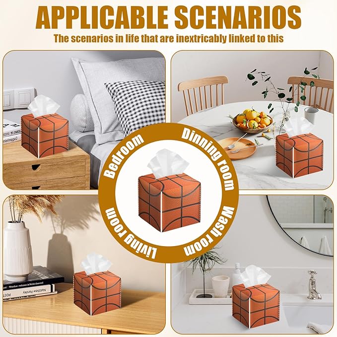 Basketball Tissue Box Cover 2PCS, Sport Ball Leather Tissue Box Holder Square Facial Paper Case Tissue Box Cube Organizer for Bathroom Bedroom Desk Office