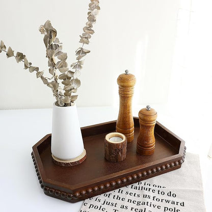 Hrastany Retro Brown Wood Serving Tray with Beads, Farmhouse Decorative Tray for Table Centerpiece, Christmas Wedding Halloween Home Decor