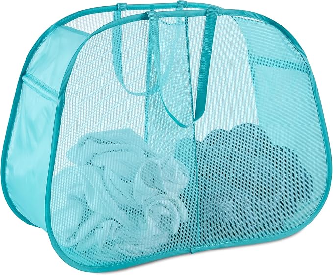 Seiritex Mesh Popup Laundry Hamper 2 Compartment, Collapsible Laundry Sorter Basket Foldable Hamper for Clothes, College Dorm, Travel (Turquoise Blue)