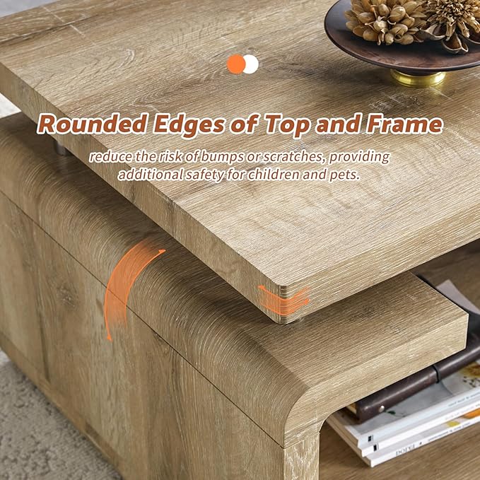 43.5" Coffee Table, 3-Tier Modern Center Table with Storage, Large Wood Coffee Table for Living Room, Office, Apartment (Retro Wood Grain)