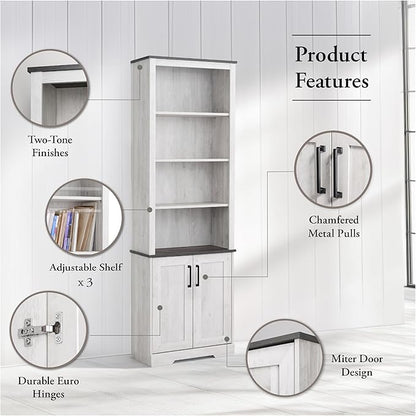 Prepac Rustic Ridge Bookcase with Doors, Washed White Storage Cabinet with Doors and Shelves, Accent Cabinet 26" W x 79.75" H x 12.5" D, ASBR-1630-1