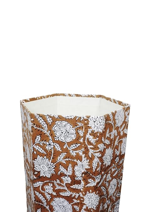 3.3 Gallon Cotton Hand Block Printed Paper Waste Basket |Small Decorative Trash Can for Housewarming Gifts in Living Room, Bedroom, Bathroom | Eco-Friendly, Plastic-Free (1, Brown White FLOWAR)